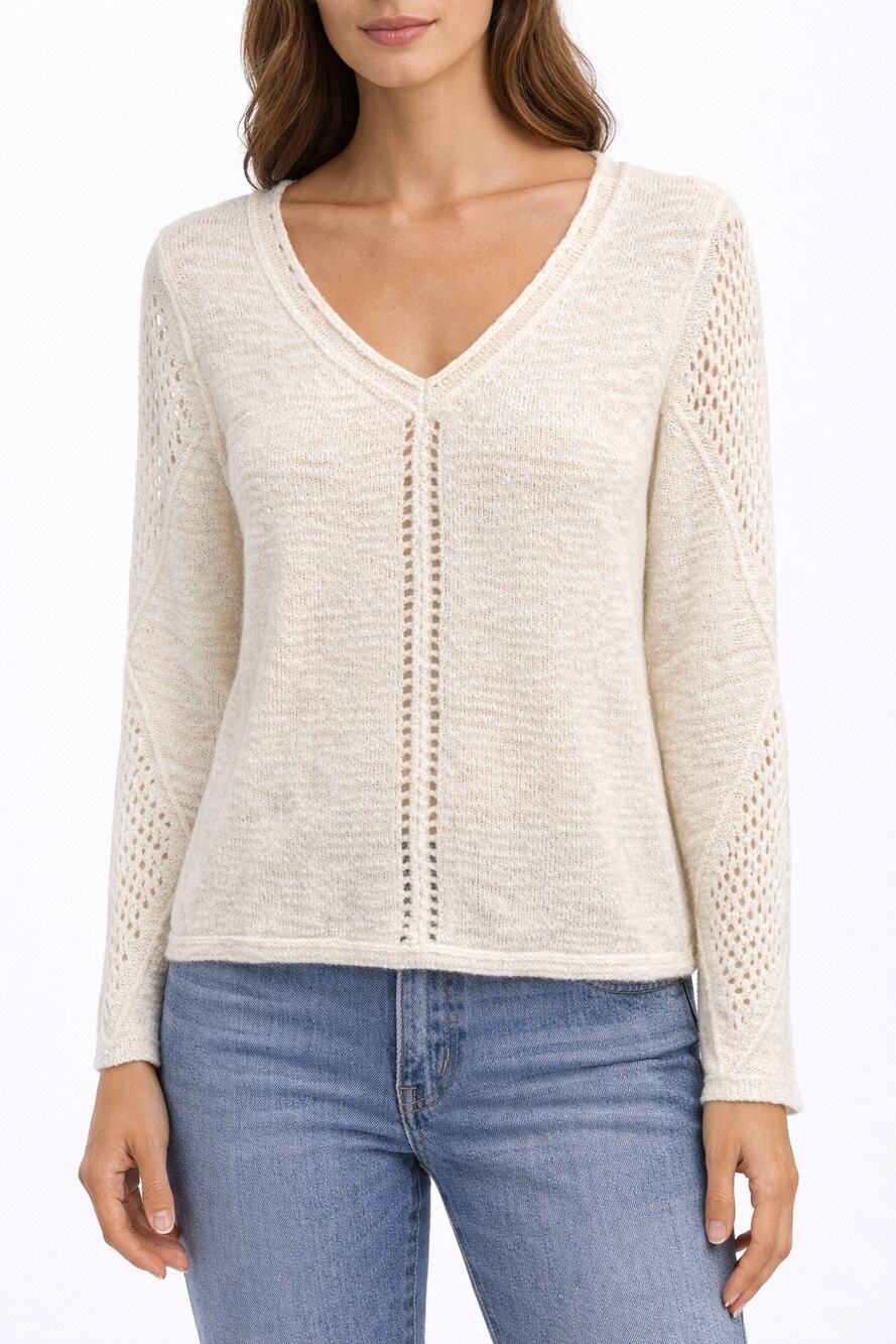 SUNDANCE Cream Textured Knit Boho V Neck Lightweight Sweater NWT XS Romantic